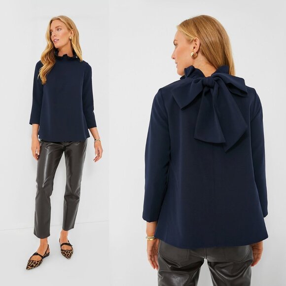 Tuckernuck NEW Navy Faye Preppy Bow Ruffle Collar 3/4 Sleeve Blouse Size XS - Picture 2 of 9